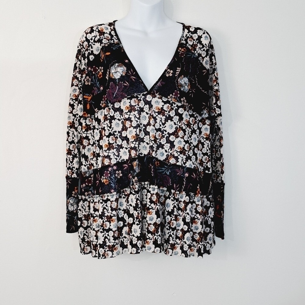 Floral Print Tunic‎ Top Long Sleeve V Neck Bohemian Style  Size L